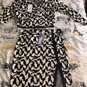 Two-Piece Black & White Geometric Knit Dress Set